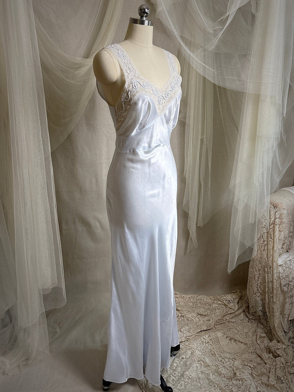 Vintage 1940's Nightgown - Icy Blue Rayon Satin with Soutache Embroidery | XS - Daggers & Dames