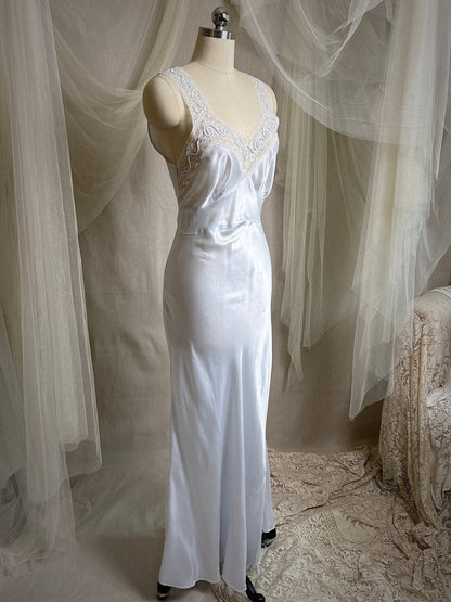 Vintage 1940's Nightgown - Icy Blue Rayon Satin with Soutache Embroidery | XS - Daggers & Dames