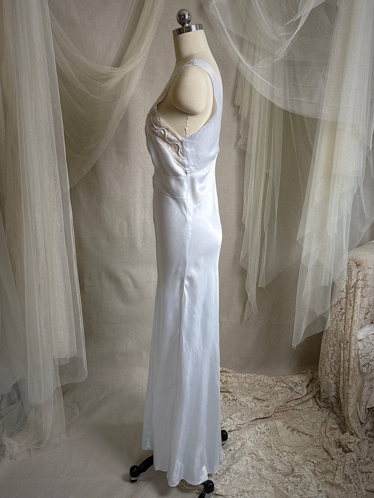 Vintage 1940's Nightgown - Icy Blue Rayon Satin with Soutache Embroidery | XS - Daggers & Dames