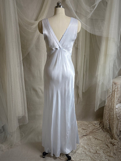 Vintage 1940's Nightgown - Icy Blue Rayon Satin with Soutache Embroidery | XS - Daggers & Dames