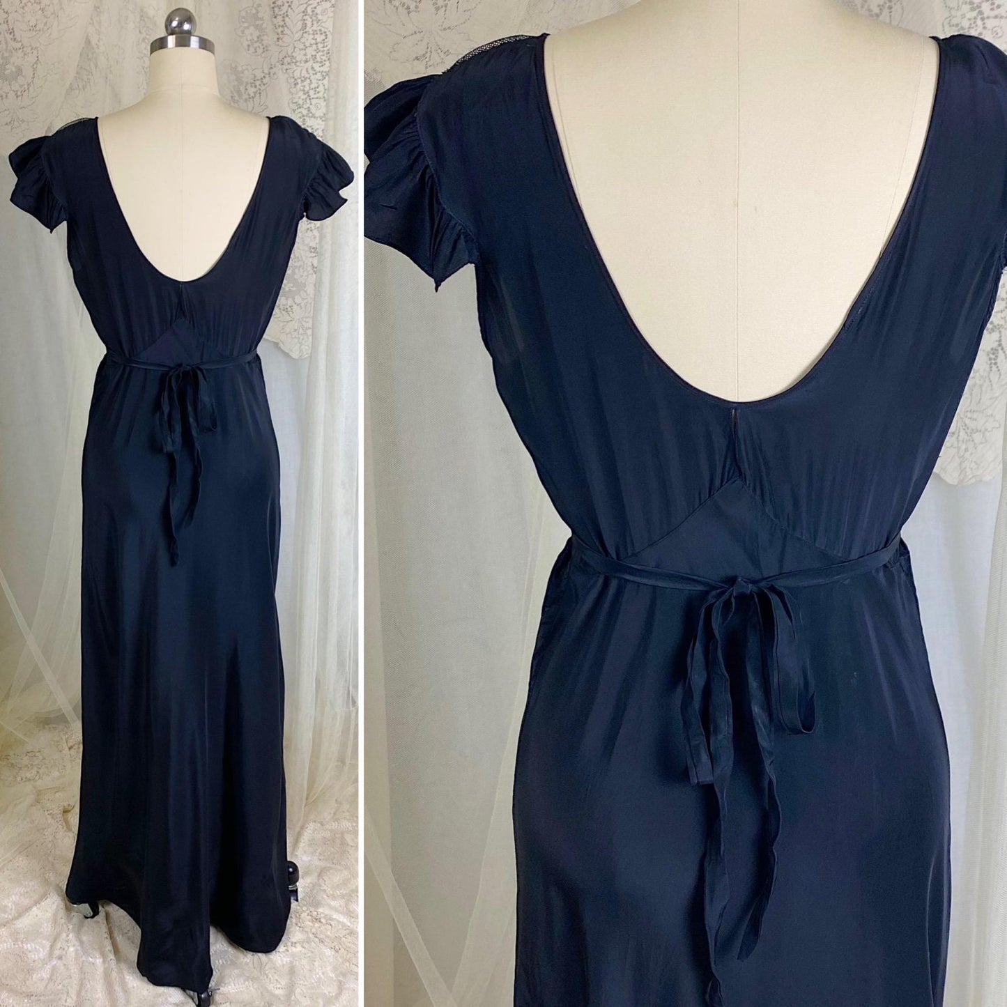 Vintage 1940's Nightgown - Inky Black Rayon with Cotton Tulle & Bow Appliqués - By Chevette - Size S, M - Daggers & Dames