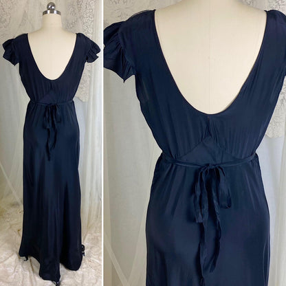 Vintage 1940's Nightgown - Inky Black Rayon with Cotton Tulle & Bow Appliqués - By Chevette - Size S, M - Daggers & Dames
