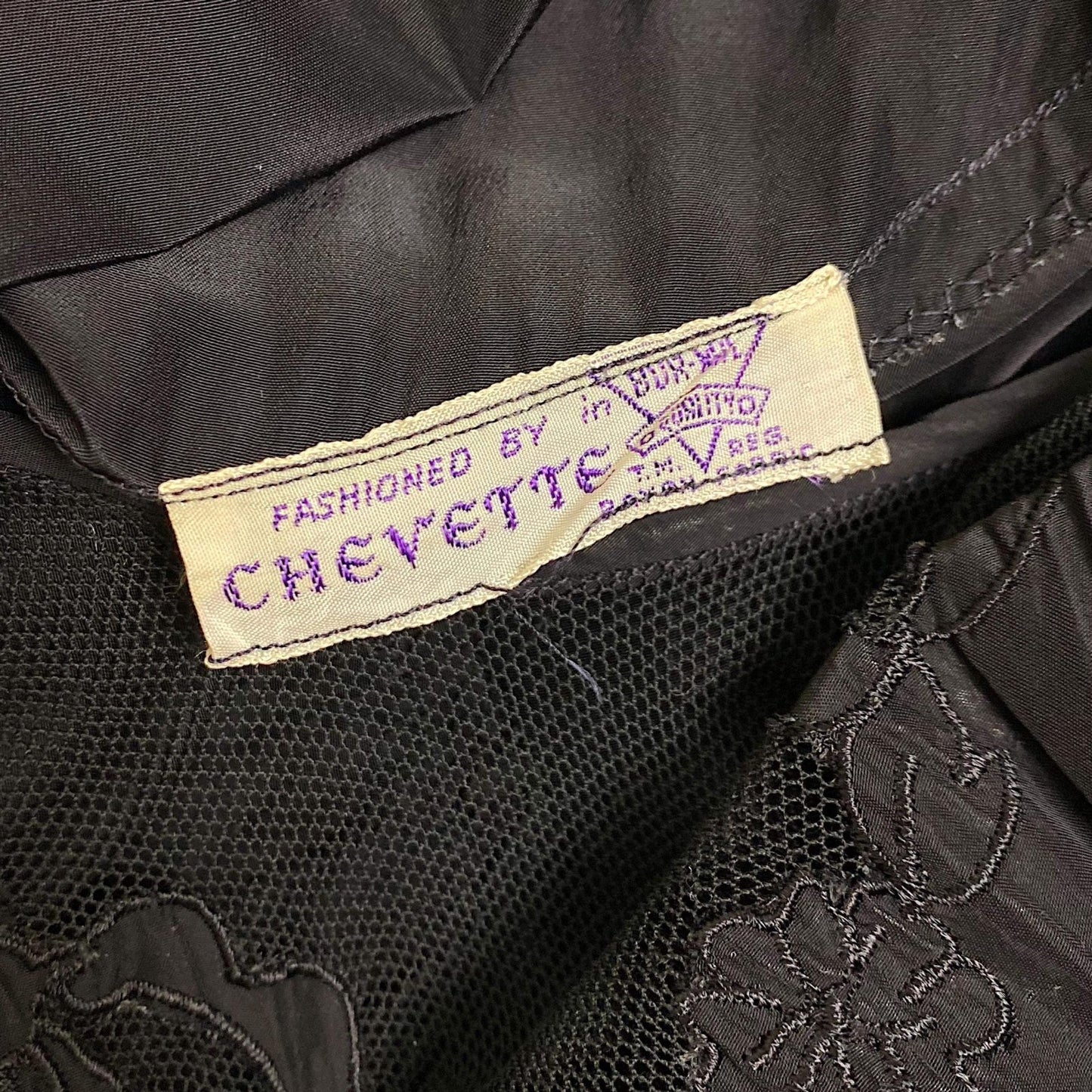 Vintage 1940's Nightgown - Inky Black Rayon with Cotton Tulle & Bow Appliqués - By Chevette - Size S, M - Daggers & Dames