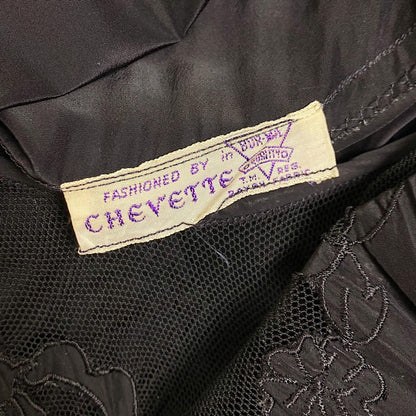 Vintage 1940's Nightgown - Inky Black Rayon with Cotton Tulle & Bow Appliqués - By Chevette - Size S, M - Daggers & Dames
