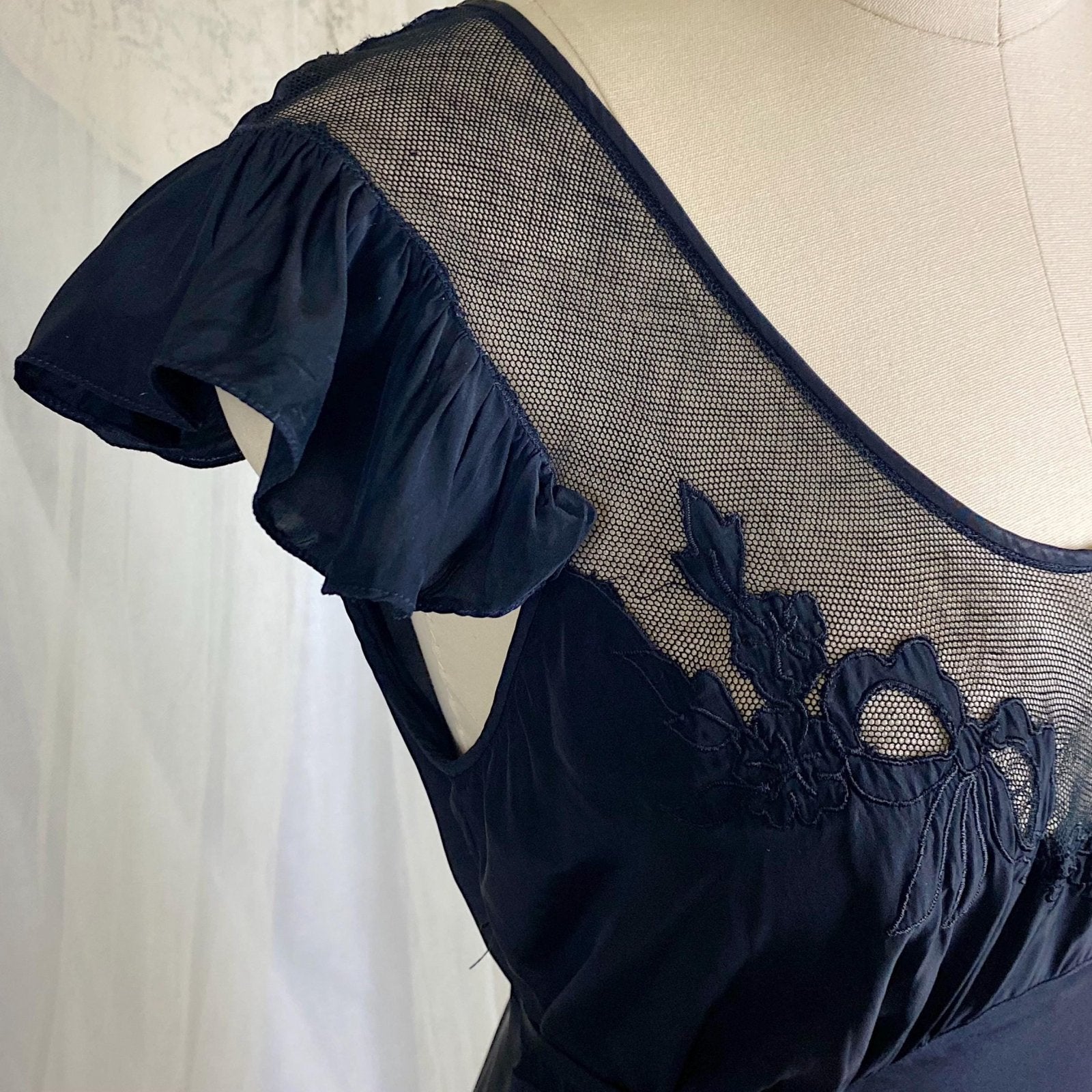 Vintage 1940's Nightgown - Inky Black Rayon with Cotton Tulle & Bow Appliqués - By Chevette - Size S, M - Daggers & Dames