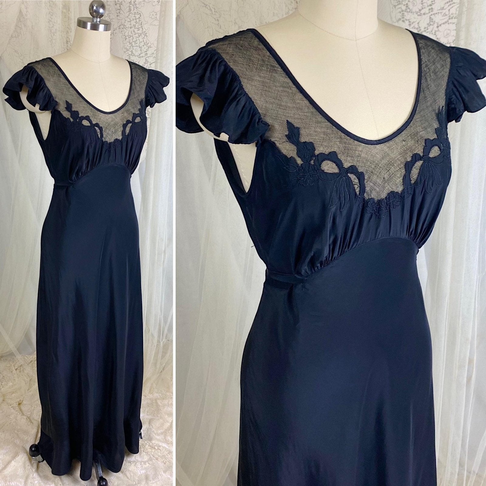 Vintage 1940's Nightgown - Inky Black Rayon with Cotton Tulle & Bow Appliqués - By Chevette - Size S, M - Daggers & Dames