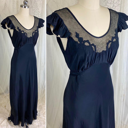 Vintage 1940's Nightgown - Inky Black Rayon with Cotton Tulle & Bow Appliqués - By Chevette - Size S, M - Daggers & Dames