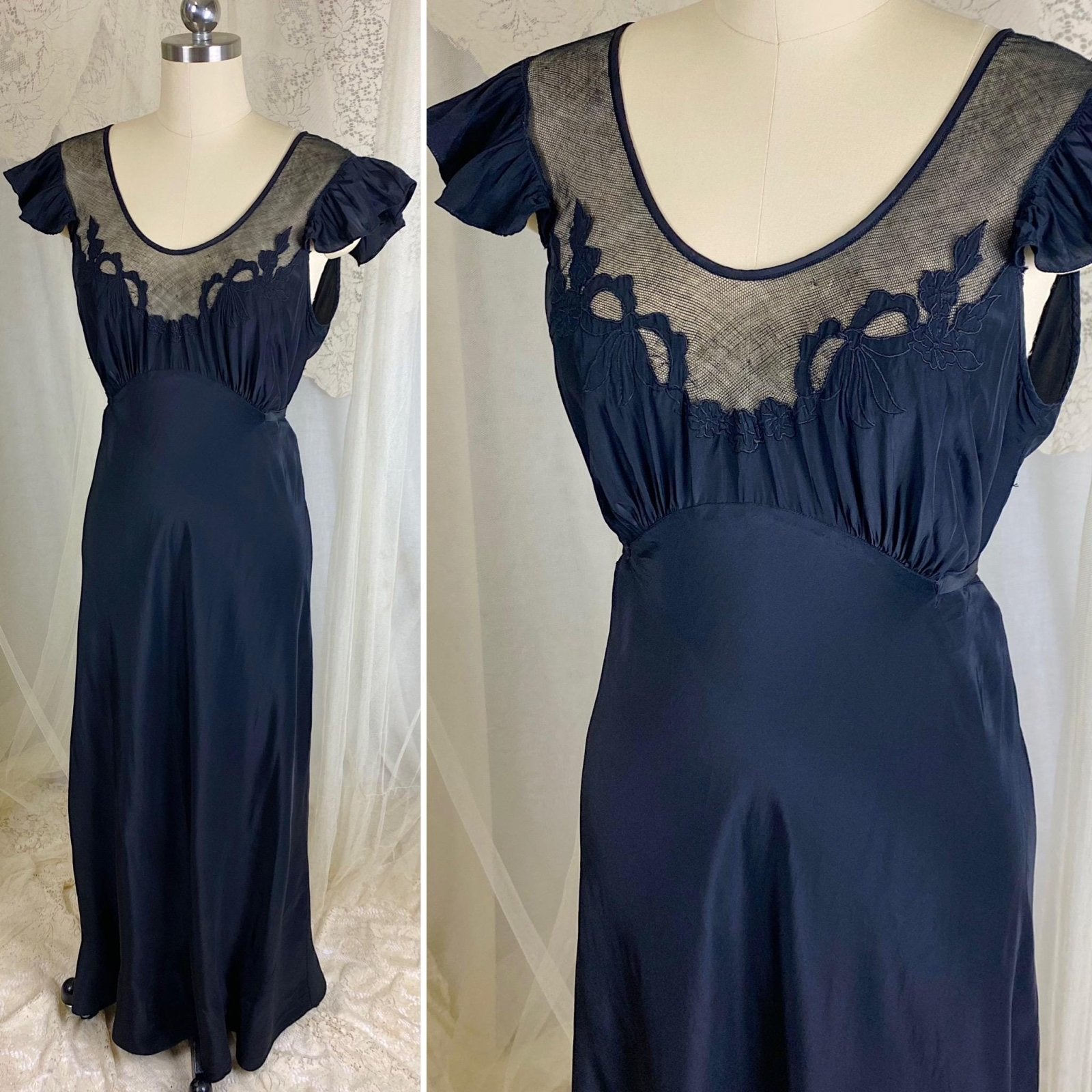 Vintage 1940's Nightgown - Inky Black Rayon with Cotton Tulle & Bow Appliqués - By Chevette - Size S, M - Daggers & Dames