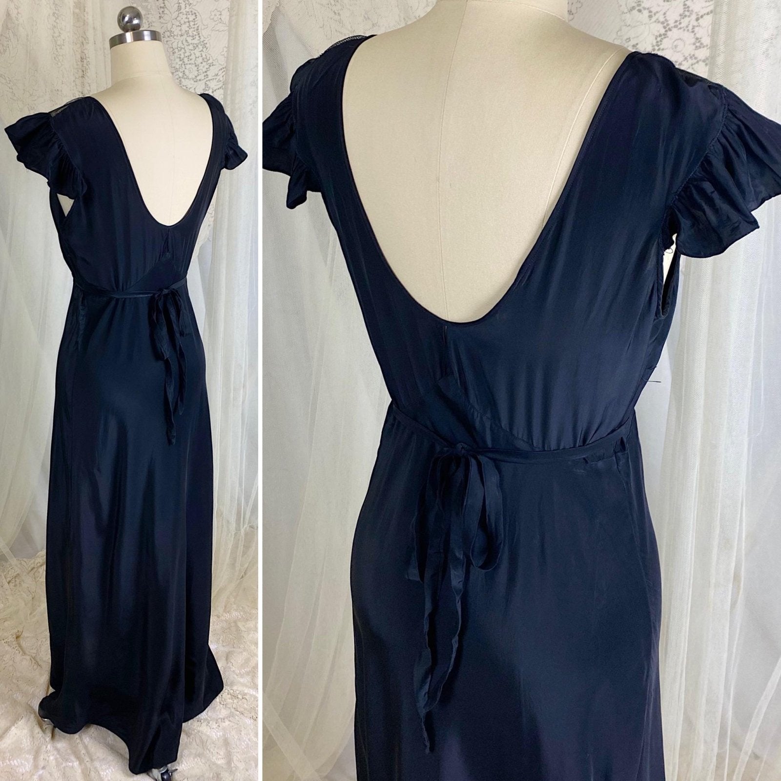 Vintage 1940's Nightgown - Inky Black Rayon with Cotton Tulle & Bow Appliqués - By Chevette - Size S, M - Daggers & Dames