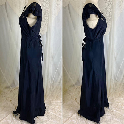 Vintage 1940's Nightgown - Inky Black Rayon with Cotton Tulle & Bow Appliqués - By Chevette - Size S, M - Daggers & Dames