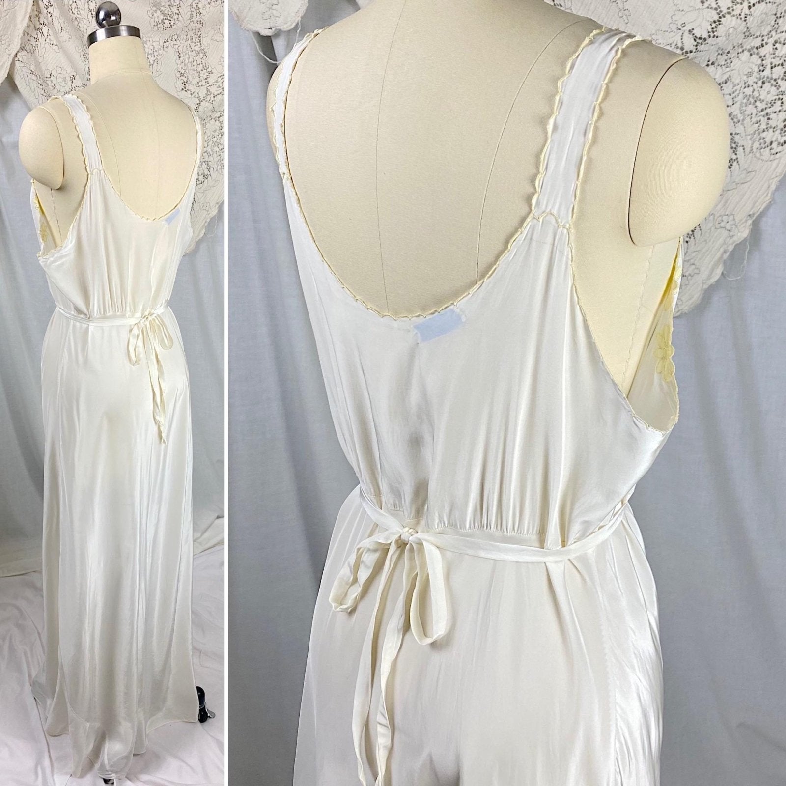 Vintage 1940's Nightgown | Off White Rayon with Yellow Daisy Appliques | Size S, M | Rico Lingerie - Daggers & Dames