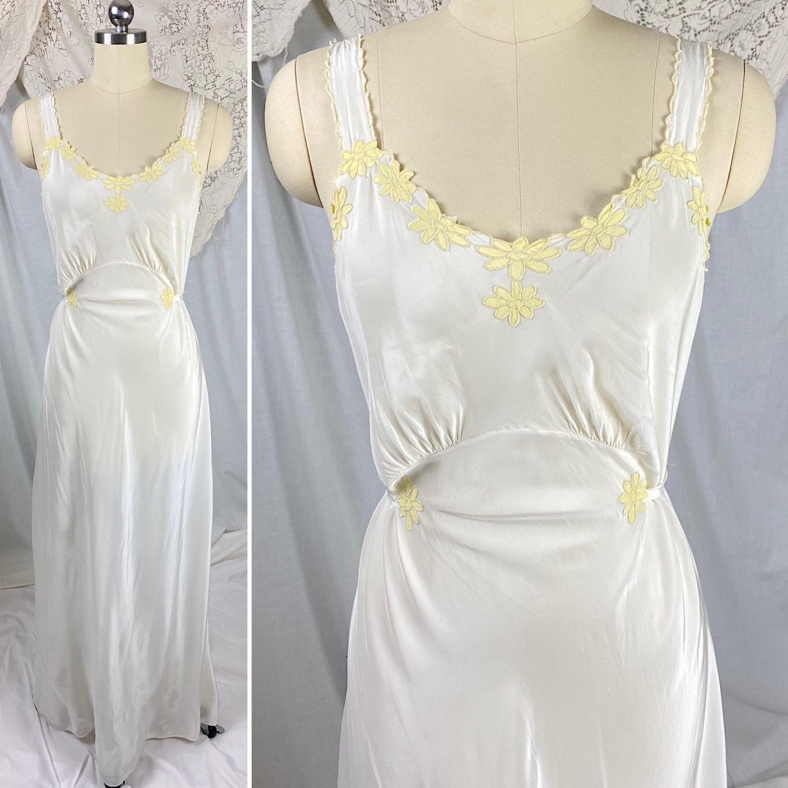Vintage 1940's Nightgown | Off White Rayon with Yellow Daisy Appliques | Size S, M | Rico Lingerie - Daggers & Dames
