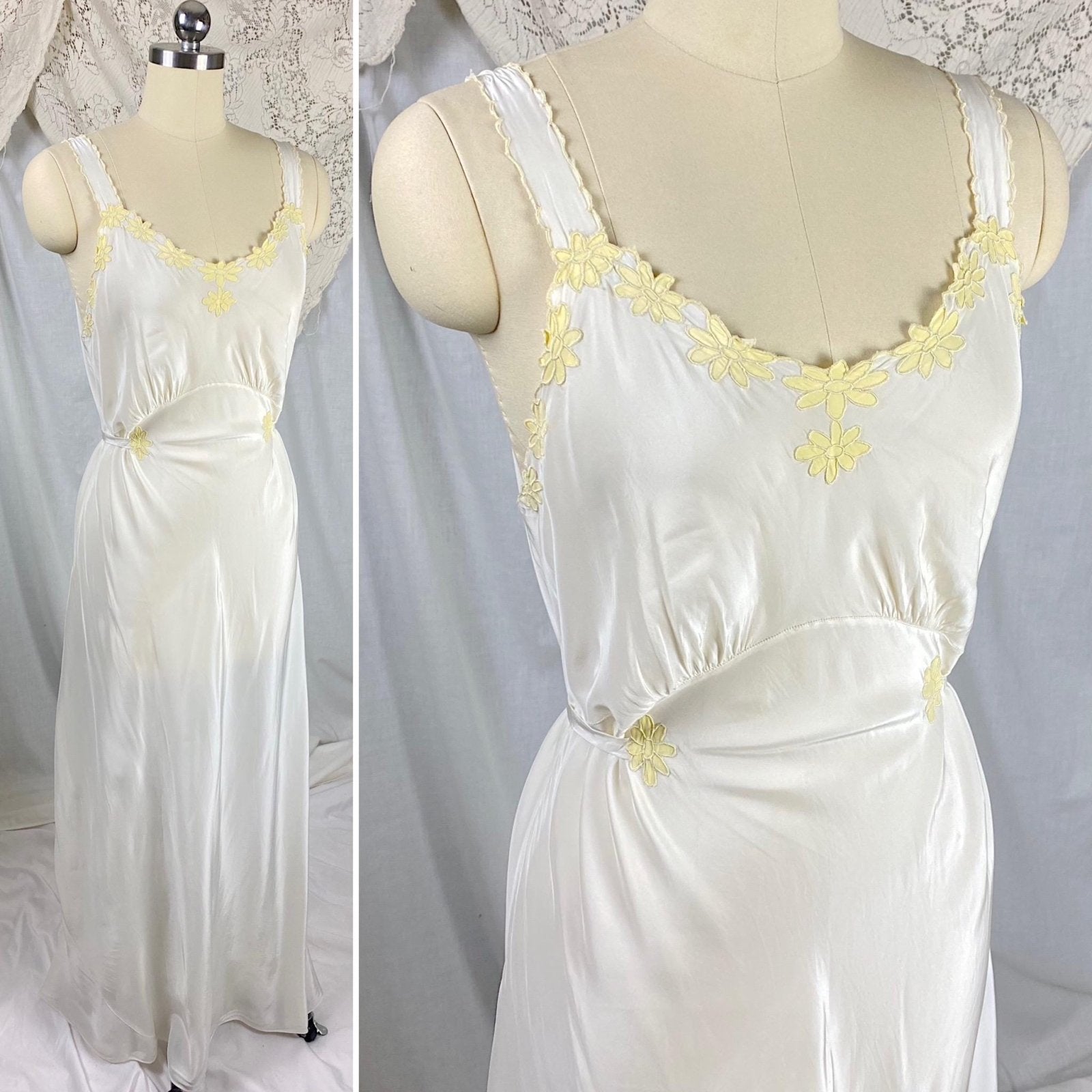 Vintage 1940's Nightgown | Off White Rayon with Yellow Daisy Appliques | Size S, M | Rico Lingerie - Daggers & Dames