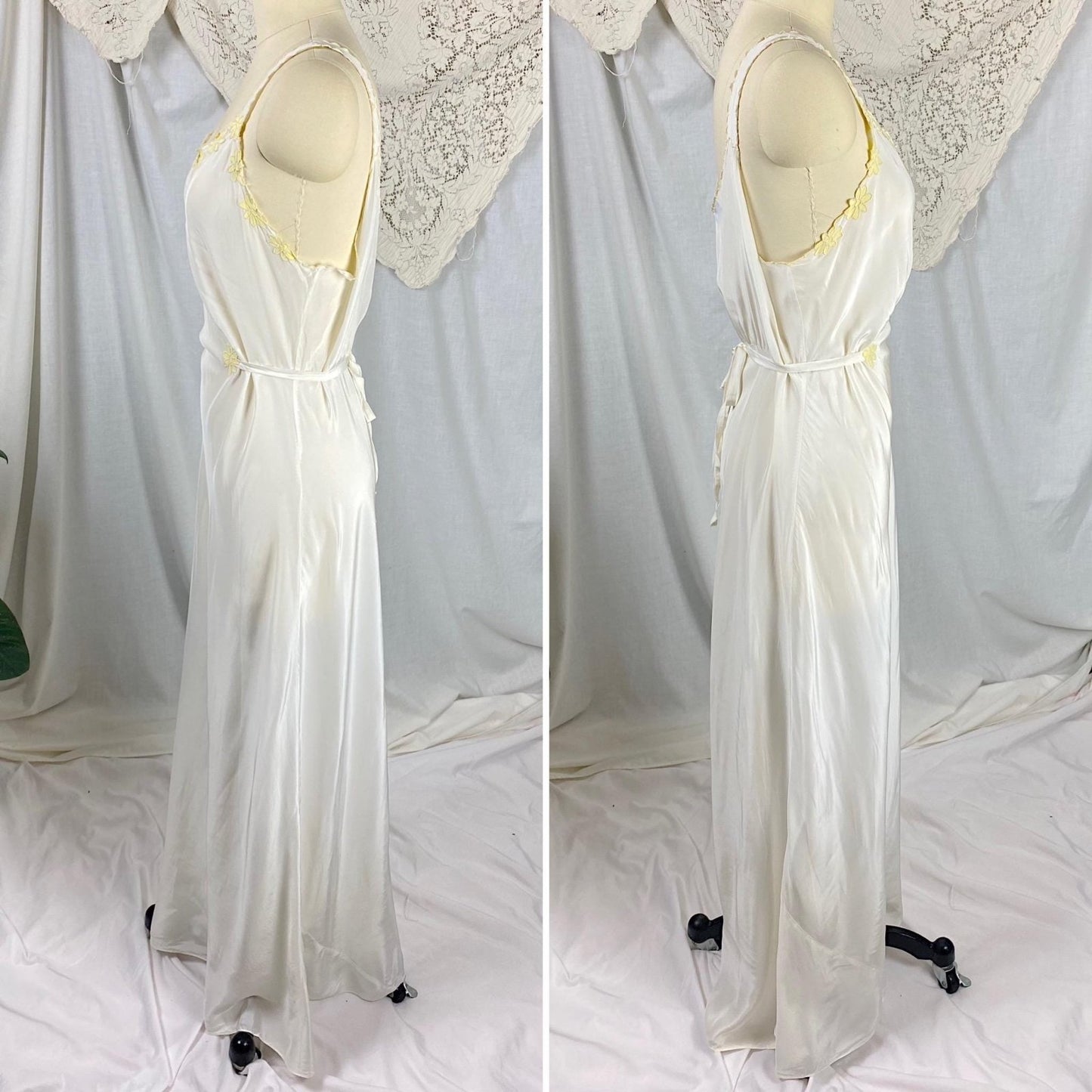 Vintage 1940's Nightgown | Off White Rayon with Yellow Daisy Appliques | Size S, M | Rico Lingerie - Daggers & Dames