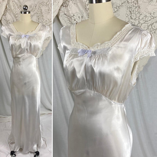 Vintage 1940's Nightgown | Pale Silver Blue Rayon Satin with White Lace | Size S, M - Daggers & Dames