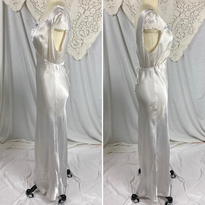 Vintage 1940's Nightgown | Pale Silver Blue Rayon Satin with White Lace | Size S, M - Daggers & Dames