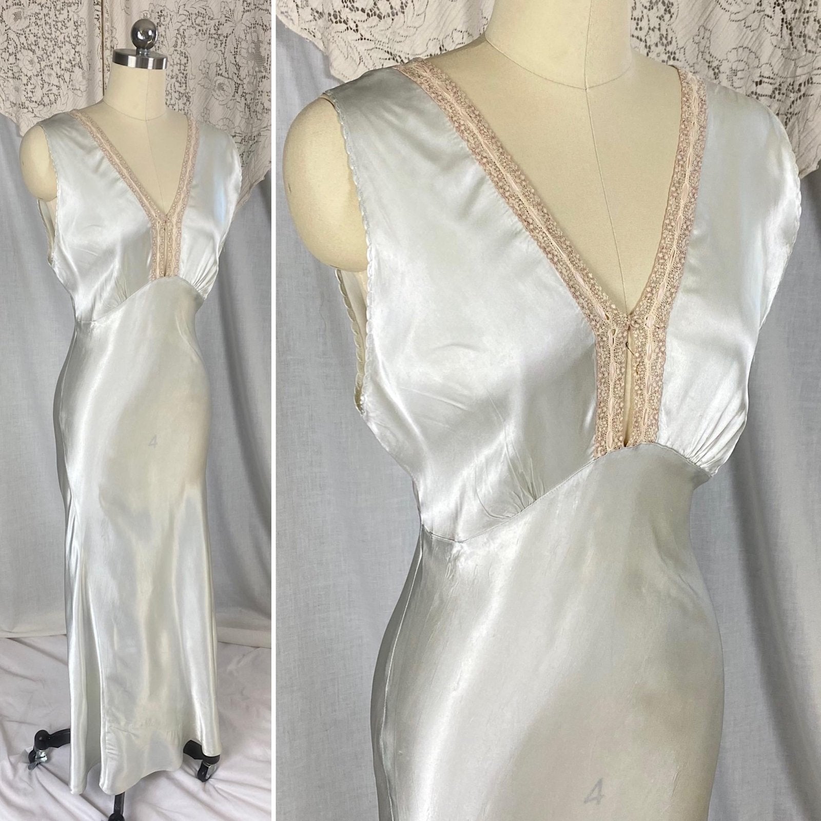 Vintage 1940's Nightgown | Palest Aqua Blue Rayon Satin with Pink Silk Ribbon Woven Lace | Size S - Daggers & Dames