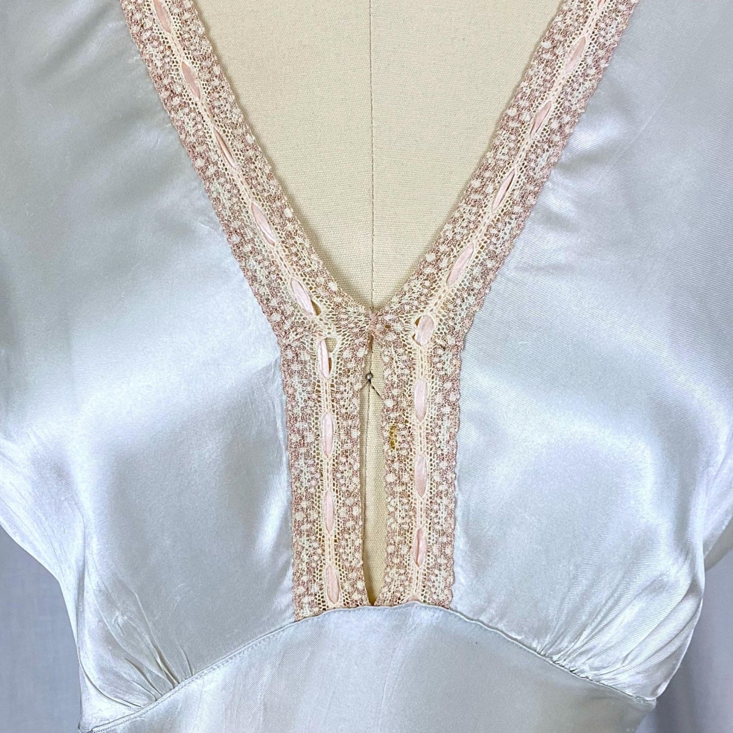 Vintage 1940's Nightgown | Palest Aqua Blue Rayon Satin with Pink Silk Ribbon Woven Lace | Size S - Daggers & Dames