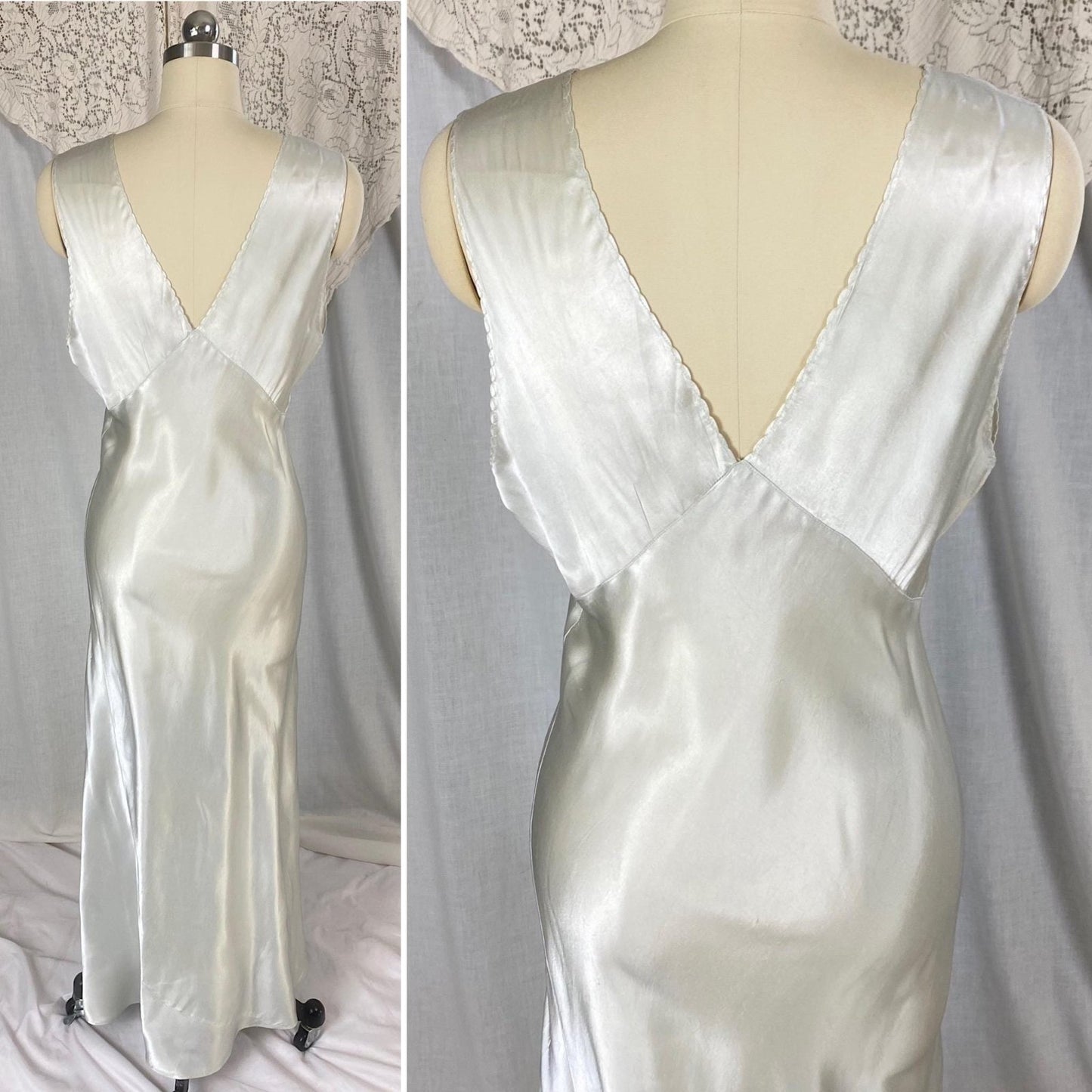 Vintage 1940's Nightgown | Palest Aqua Blue Rayon Satin with Pink Silk Ribbon Woven Lace | Size S - Daggers & Dames