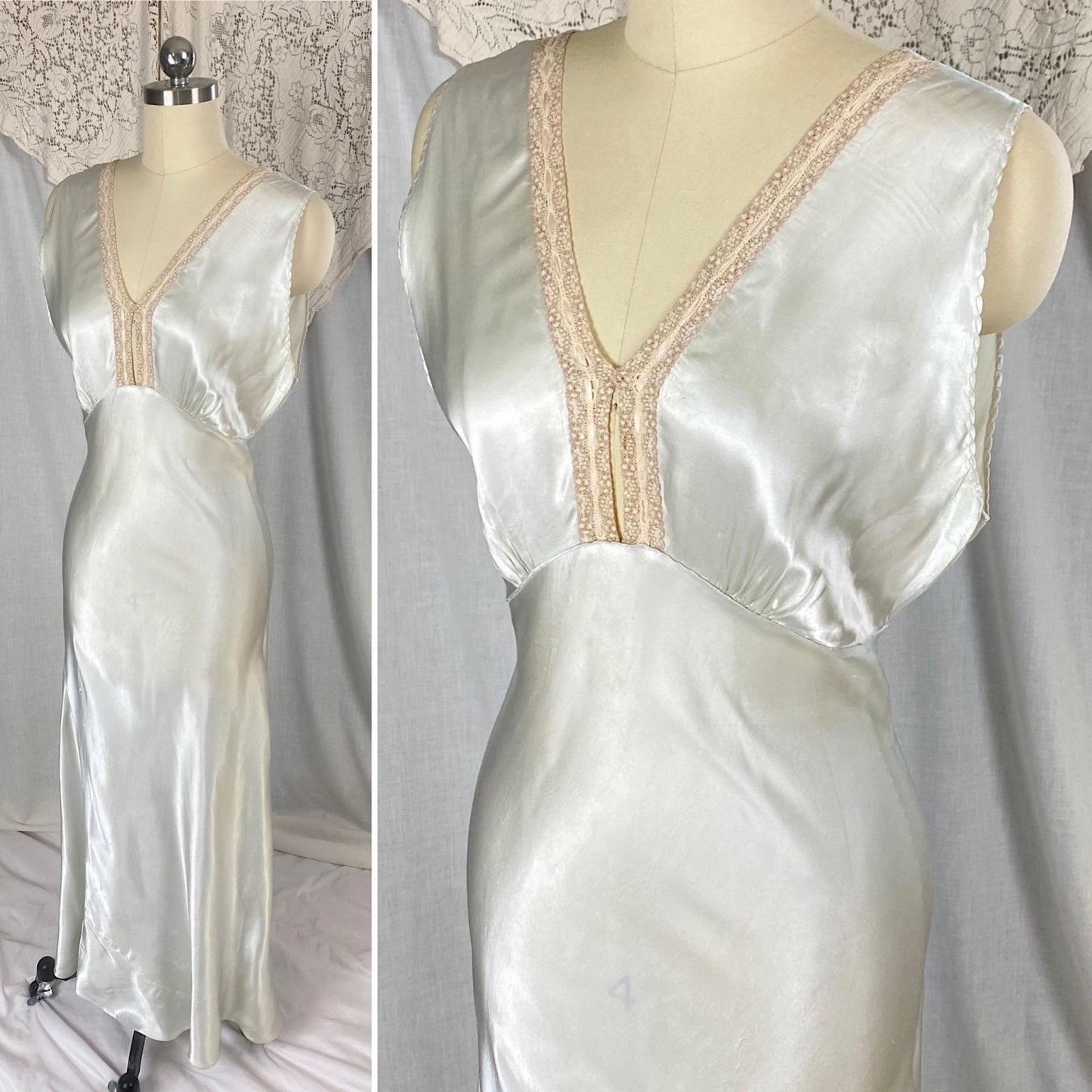 Vintage 1940's Nightgown | Palest Aqua Blue Rayon Satin with Pink Silk Ribbon Woven Lace | Size S - Daggers & Dames