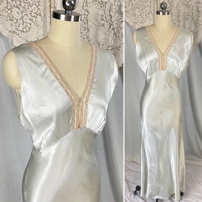 Vintage 1940's Nightgown | Palest Aqua Blue Rayon Satin with Pink Silk Ribbon Woven Lace | Size S - Daggers & Dames