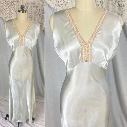 Vintage 1940's Nightgown | Palest Aqua Blue Rayon Satin with Pink Silk Ribbon Woven Lace | Size S - Daggers & Dames