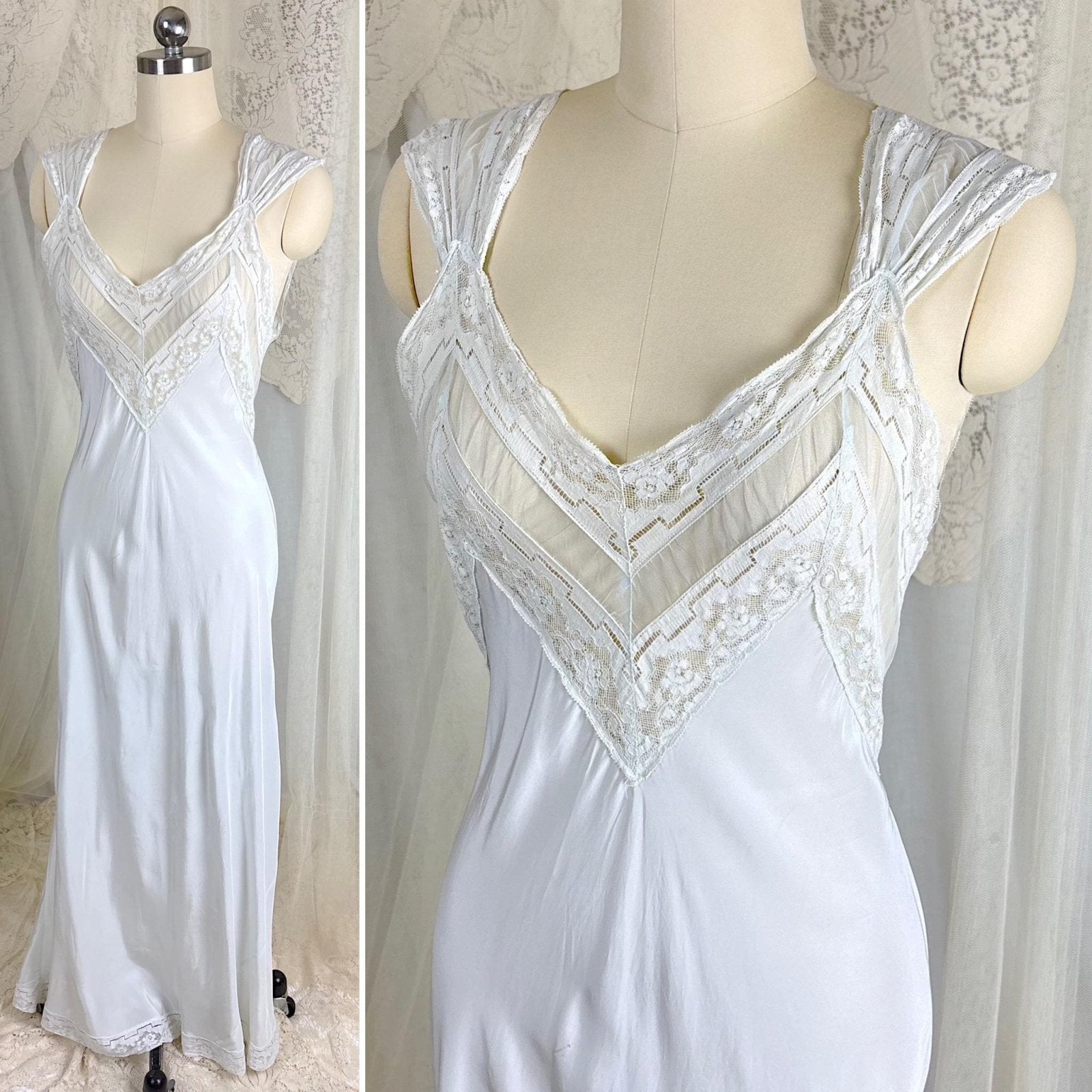 Vintage 1940's Nightgown - Palest Blue Rayon with Open Back & Art Deco Patterned Lace - Size S, M - Daggers & Dames