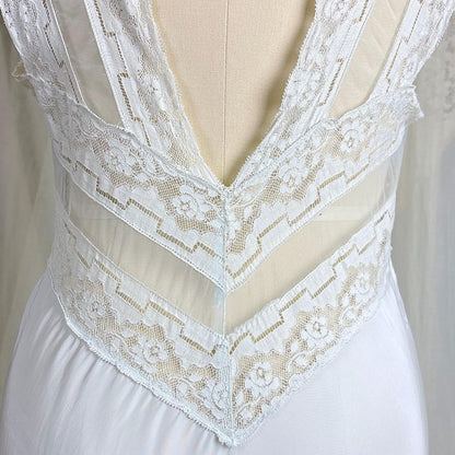 Vintage 1940's Nightgown - Palest Blue Rayon with Open Back & Art Deco Patterned Lace - Size S, M - Daggers & Dames