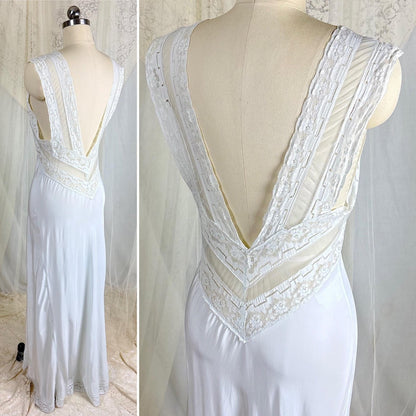 Vintage 1940's Nightgown - Palest Blue Rayon with Open Back & Art Deco Patterned Lace - Size S, M - Daggers & Dames
