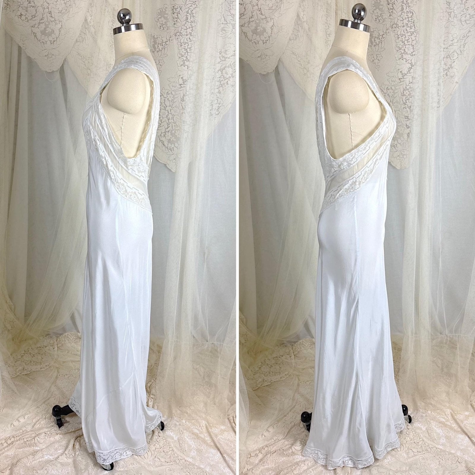 Vintage 1940's Nightgown - Palest Blue Rayon with Open Back & Art Deco Patterned Lace - Size S, M - Daggers & Dames