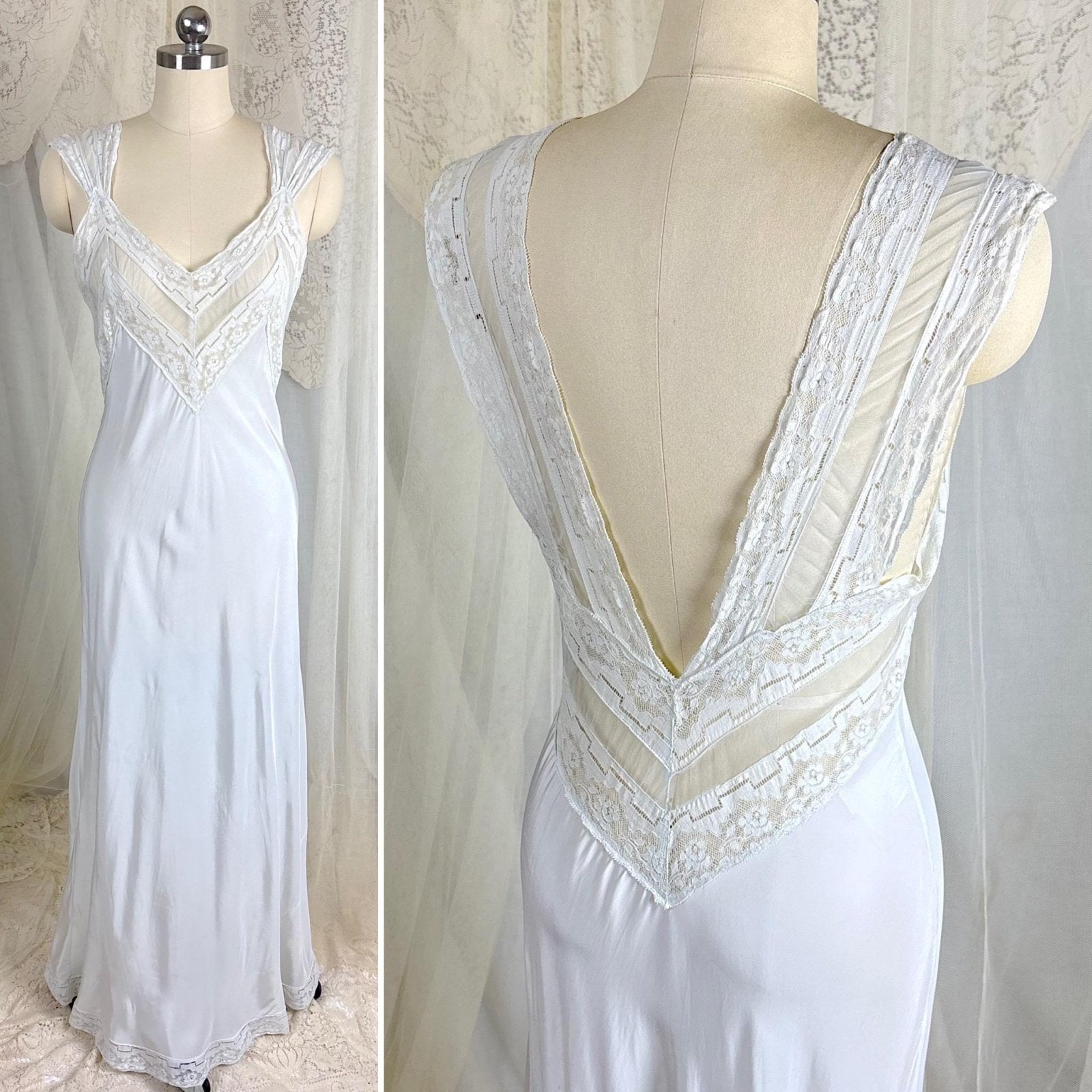 Vintage 1940's Nightgown - Palest Blue Rayon with Open Back & Art Deco Patterned Lace - Size S, M - Daggers & Dames