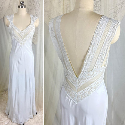 Vintage 1940's Nightgown - Palest Blue Rayon with Open Back & Art Deco Patterned Lace - Size S, M - Daggers & Dames