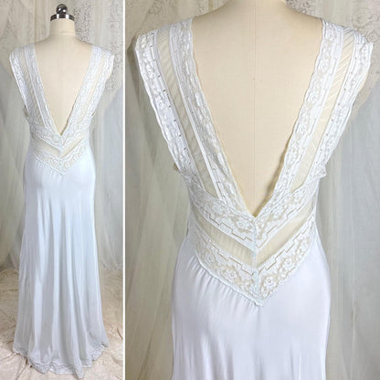 Vintage 1940's Nightgown - Palest Blue Rayon with Open Back & Art Deco Patterned Lace - Size S, M - Daggers & Dames