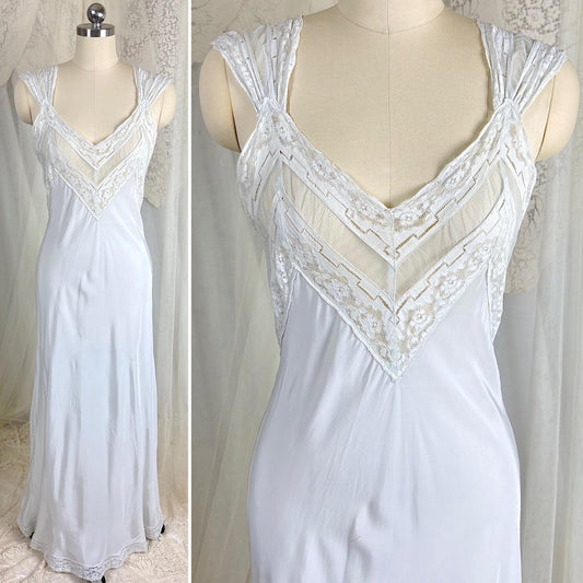 Vintage 1940's Nightgown - Palest Blue Rayon with Open Back & Art Deco Patterned Lace - Size S, M - Daggers & Dames