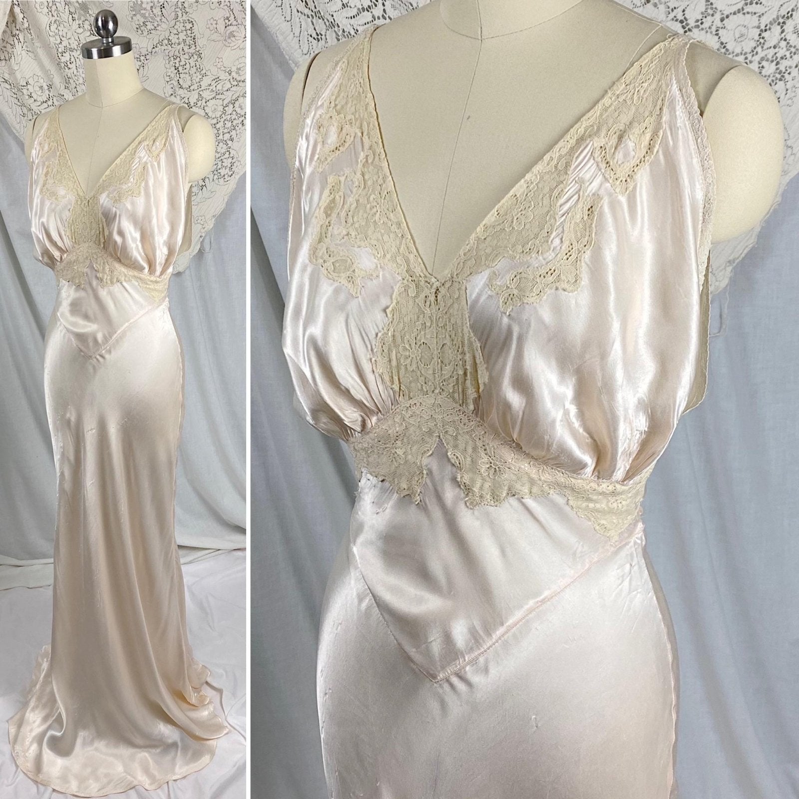 Vintage 1940's Nightgown | Palest Pink Rayon Satin with Ivory Cotton Lace | Size XS, S - Daggers & Dames