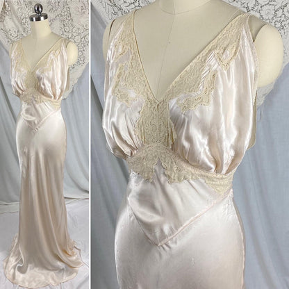 Vintage 1940's Nightgown | Palest Pink Rayon Satin with Ivory Cotton Lace | Size XS, S - Daggers & Dames