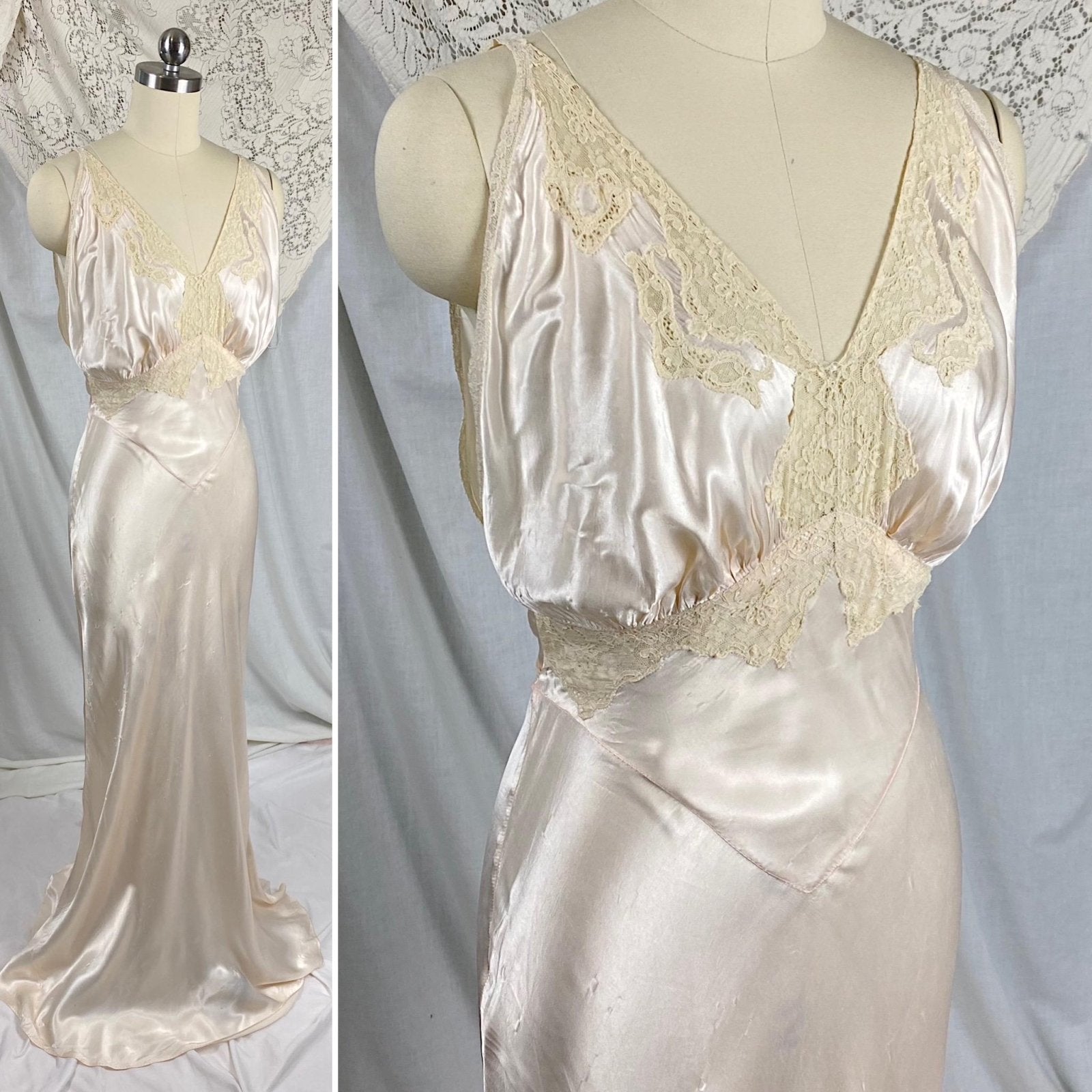 Vintage 1940's Nightgown | Palest Pink Rayon Satin with Ivory Cotton Lace | Size XS, S - Daggers & Dames