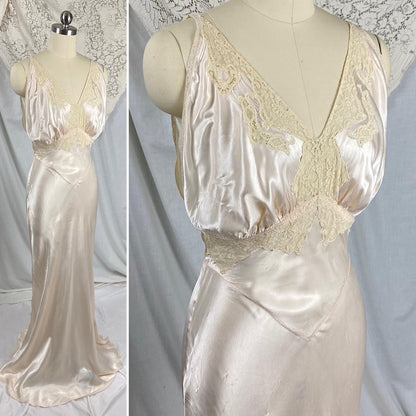 Vintage 1940's Nightgown | Palest Pink Rayon Satin with Ivory Cotton Lace | Size XS, S - Daggers & Dames