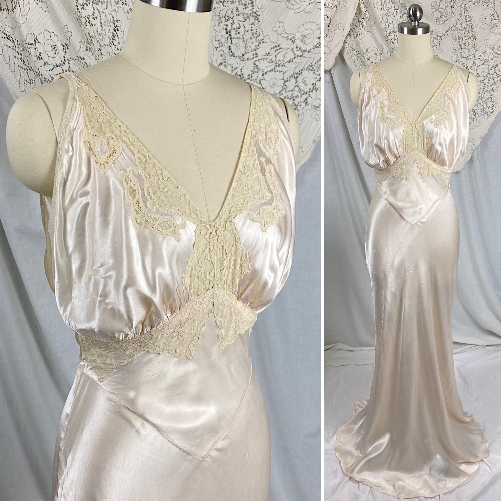 Vintage 1940's Nightgown | Palest Pink Rayon Satin with Ivory Cotton Lace | Size XS, S - Daggers & Dames