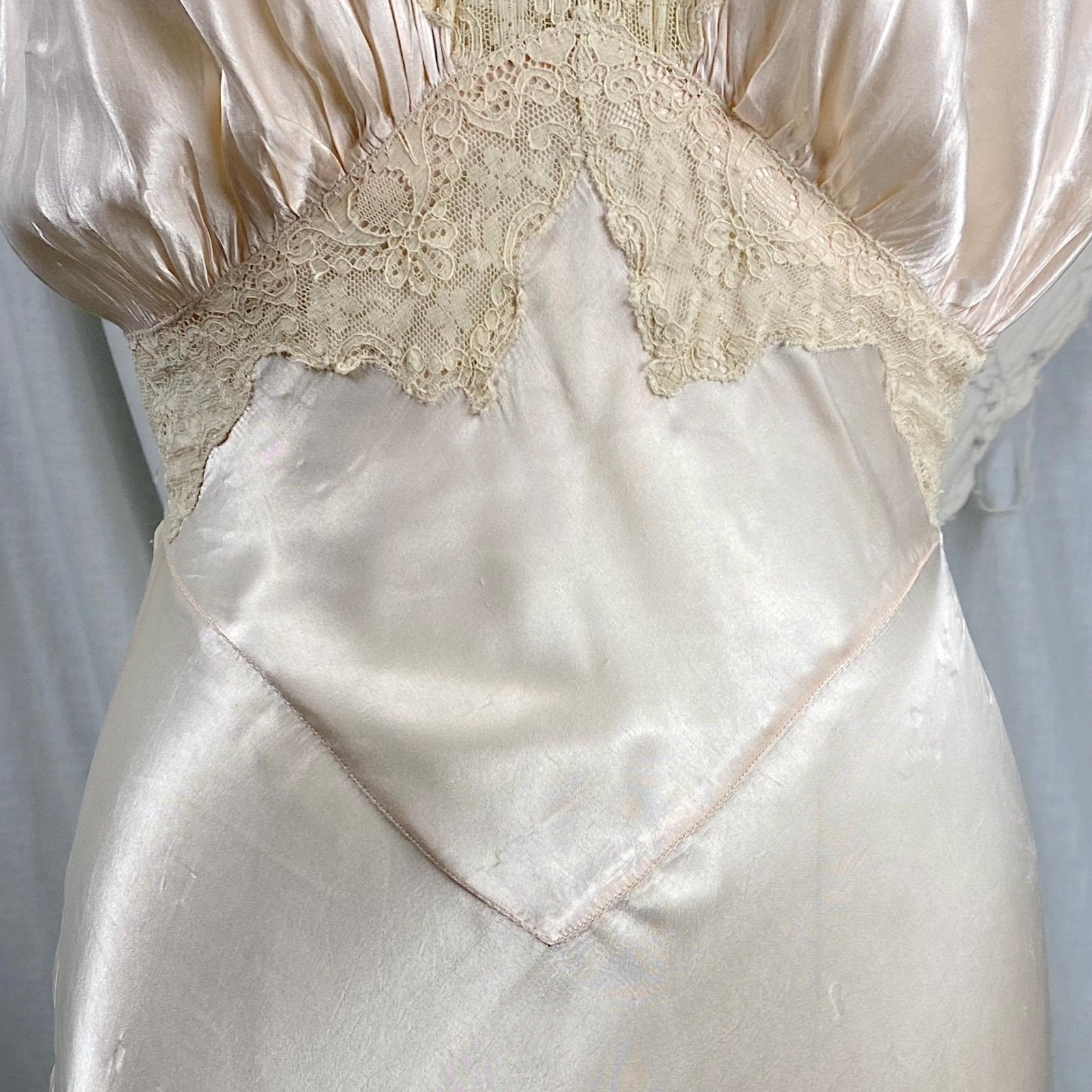 Vintage 1940's Nightgown | Palest Pink Rayon Satin with Ivory Cotton Lace | Size XS, S - Daggers & Dames