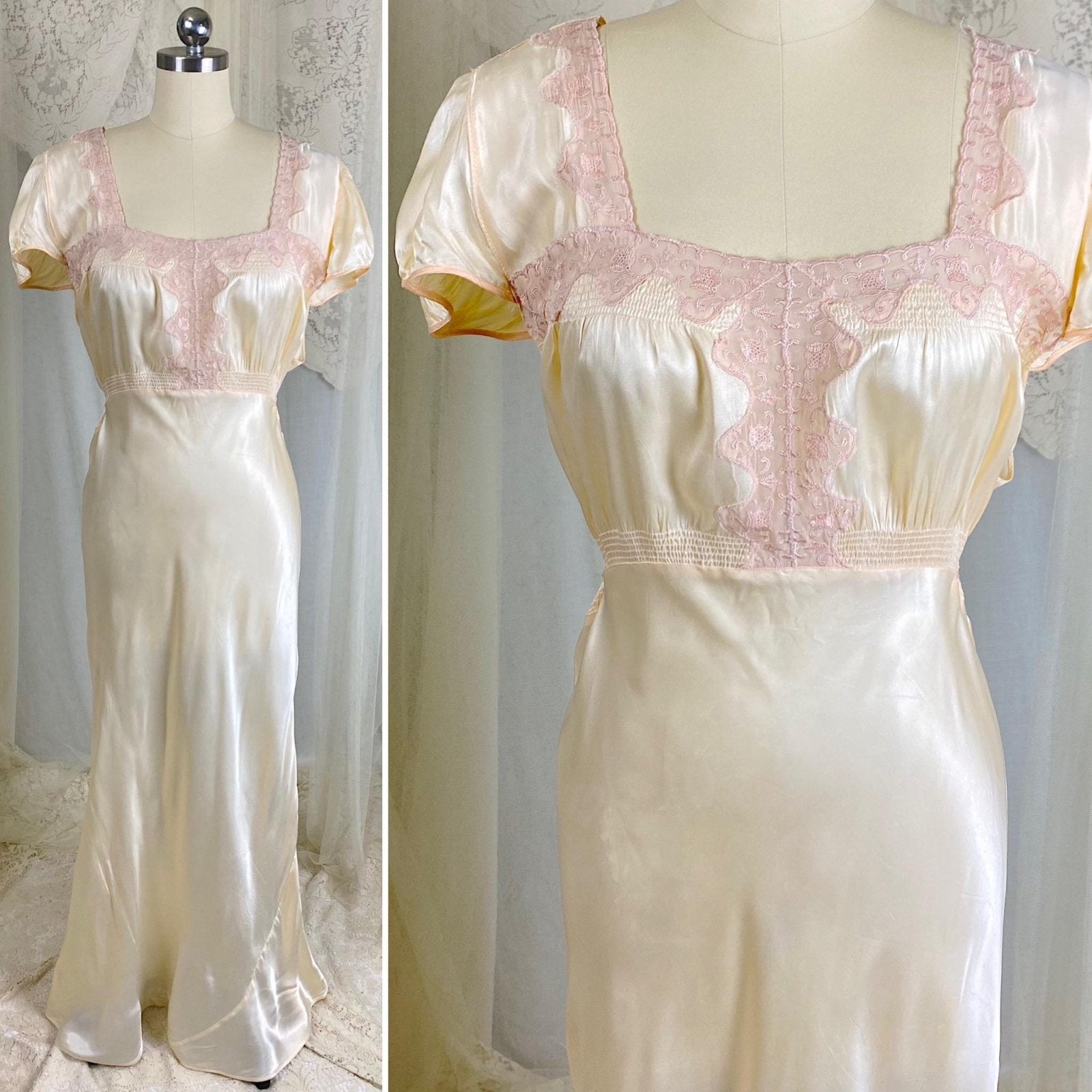 Vintage 1940's Nightgown - Palest Yellow Rayon Satin with Embroidered Organdy Insert - Size XL - XXL - Daggers & Dames