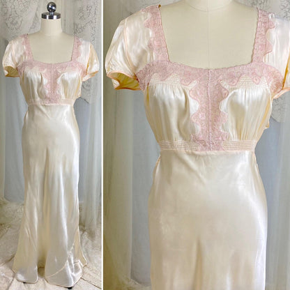 Vintage 1940's Nightgown - Palest Yellow Rayon Satin with Embroidered Organdy Insert - Size XL - XXL - Daggers & Dames
