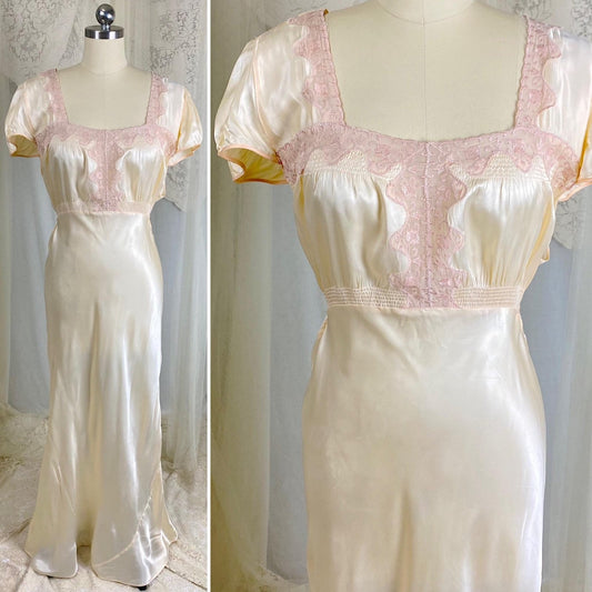 Vintage 1940's Nightgown - Palest Yellow Rayon Satin with Embroidered Organdy Insert - Size XL - XXL - Daggers & Dames