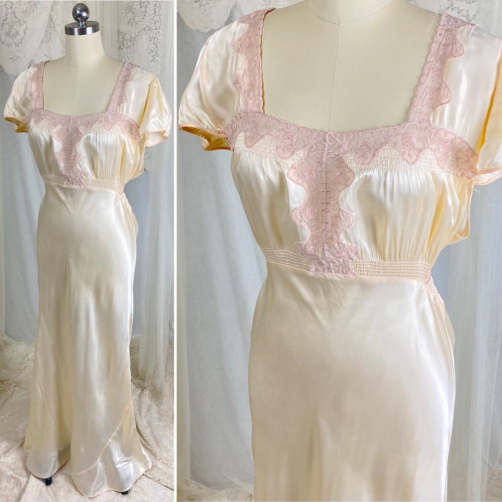 Vintage 1940's Nightgown - Palest Yellow Rayon Satin with Embroidered Organdy Insert - Size XL - XXL - Daggers & Dames