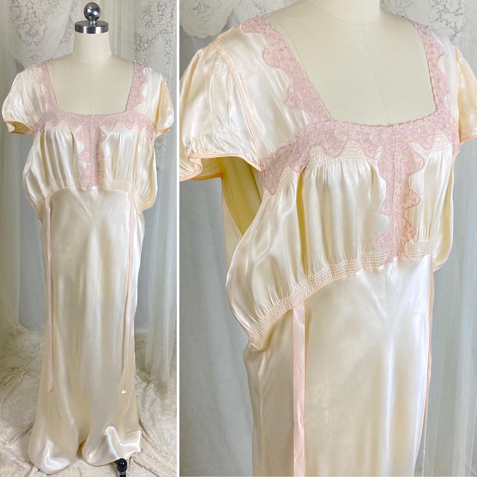 Vintage 1940's Nightgown - Palest Yellow Rayon Satin with Embroidered Organdy Insert - Size XL - XXL - Daggers & Dames
