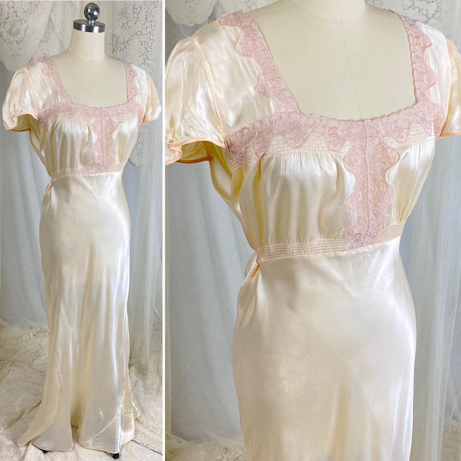 Vintage 1940's Nightgown - Palest Yellow Rayon Satin with Embroidered Organdy Insert - Size XL - XXL - Daggers & Dames
