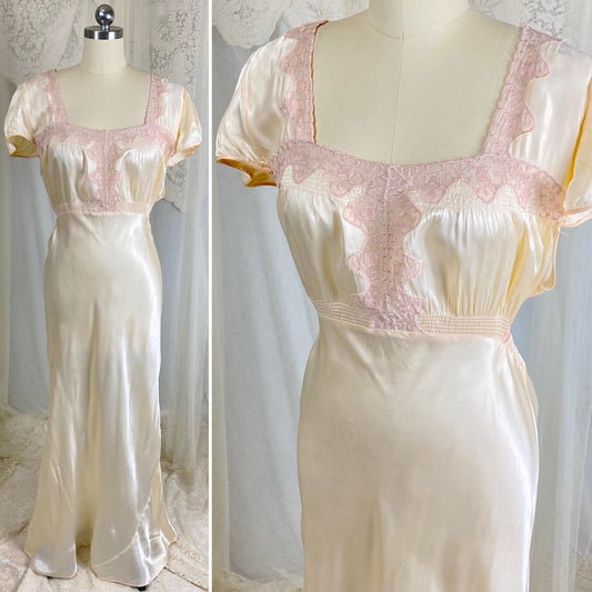 Vintage 1940's Nightgown - Palest Yellow Rayon Satin with Embroidered Organdy Insert - Size XL - XXL - Daggers & Dames