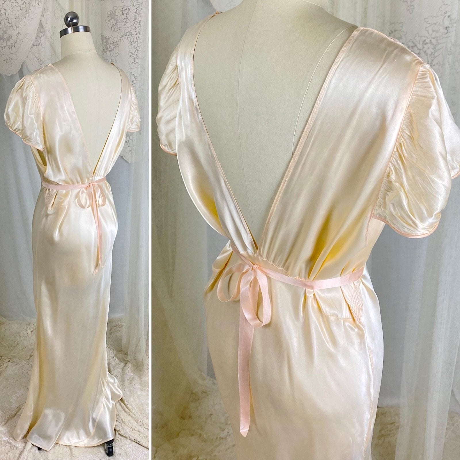 Vintage 1940's Nightgown - Palest Yellow Rayon Satin with Embroidered Organdy Insert - Size XL - XXL - Daggers & Dames