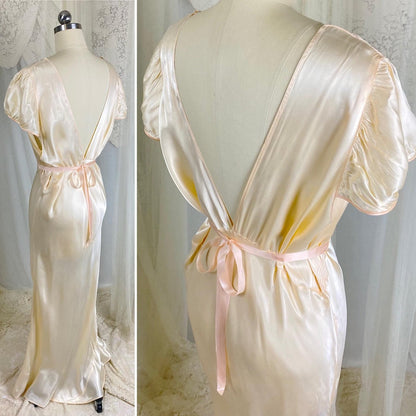 Vintage 1940's Nightgown - Palest Yellow Rayon Satin with Embroidered Organdy Insert - Size XL - XXL - Daggers & Dames