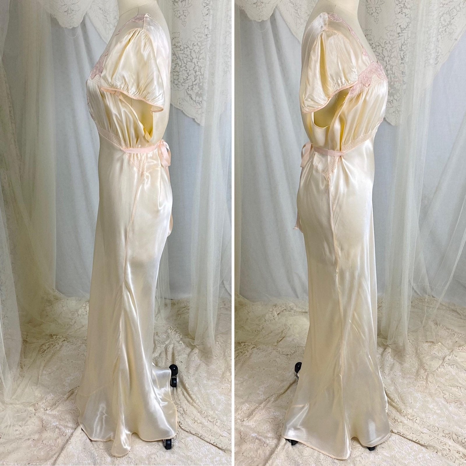 Vintage 1940's Nightgown - Palest Yellow Rayon Satin with Embroidered Organdy Insert - Size XL - XXL - Daggers & Dames
